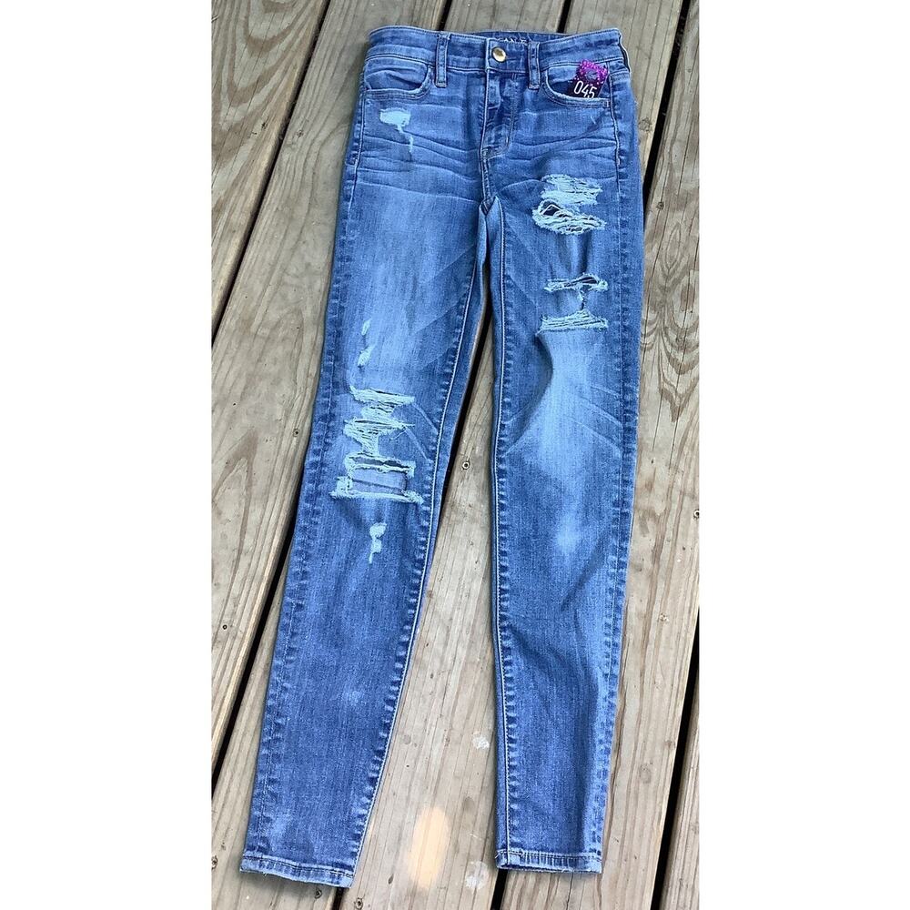 American Eagle Destroyed Hi Rise Jegging Size 00 Ripped Super Stretch Denim Blue